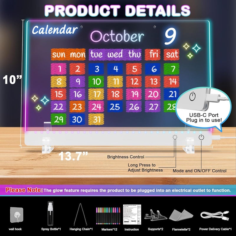 Gift4U Lumi LED Drawing Board with 12 Markers, 13.7"x10" LED Note Board with Colors, 4 Modes & 7 Colors Acrylic Dry Erase Board with Light for Home, Office, Birthday and Christmas Gifts(White) - Image 2